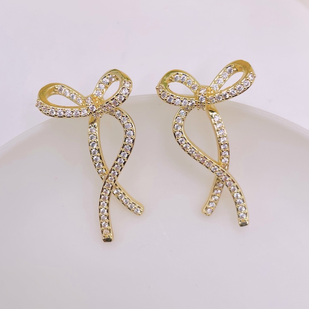 Gold Front Back Rhinestone 2 piece Bow Earrings
